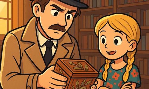 A detective in his thirties, with slightly tousled brown hair and a neat mustache, wears a beige trench coat and a black hat. His expression is focused and determined, his brown eyes carefully scrutinizing a small wooden box adorned with willow leaves that he holds in his hands. Next to him is a ten-year-old girl with braided blonde hair, wearing a floral dress, who looks curiously at the box, her eyes shining with excitement. She stands slightly back, hands clasped in front of her, ready to listen to the detective's explanations. The scene takes place in an old library, with dark wooden shelves filled with dusty books, tall windows allowing golden rays of light to enter, and a tiled floor with delicate patterns. The detective examines the mysterious box, surrounded by an atmosphere of mystery and adventure, while the girl eagerly awaits the revelation of its secret.