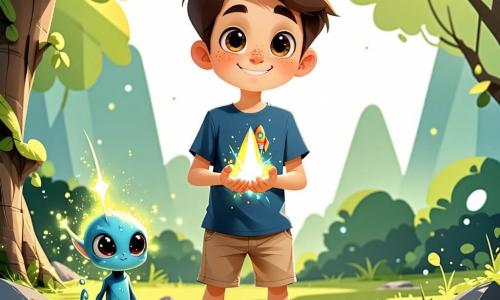 Ein 10-jähriger Junge, Tim, mit zerzausten braunen Haaren und neugierigen, funkelnden Augen, steht in einer sonnigen Lichtung mit einem breiten Lächeln im Gesicht. Er trägt ein blaues T-Shirt mit einem Raketenmotiv und khakifarbene Shorts und hält in seinen Händen einen kleinen leuchtenden Kristall, der in lebhaften Farben funkelt. Neben ihm schwebt ein kleiner Außerirdischer namens Zog, mit schillernder Haut, runden, ausdrucksvollen Augen und einer zarten Silhouette, der ihn bewundernd beobachtet. Die Lichtung ist von großen, dicken Bäumen mit leuchtend grünen Blättern umgeben, und bunte Blumen sind über den Boden verstreut. Sonnenstrahlen filtern durch die Äste und schaffen eine magische, warme Atmosphäre. Die Hauptsituation zeigt Tim und Zog, die sich wissende Blicke zuwerfen, während Tim den Kristall Zog reicht, was ihre Freundschaft und die Entdeckung einer neuen Welt symbolisiert.