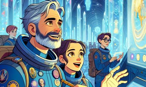 O personagem principal, Hugo, é um homem de cerca de cinquenta anos, com cabelos grisalhos e olhos brilhantes de curiosidade. Ele usa um traje espacial azul adornado com emblemas de missões passadas, e seu rosto expressa um profundo encantamento enquanto observa uma estrutura cristalina fascinante à sua frente. Ao seu lado está Zara, uma jovem de cerca de 30 anos, com cabelos castanhos presos em um rabo de cavalo e um sorriso entusiasmado. Ela está fazendo anotações em um dispositivo holográfico, com os olhos brilhando de excitação. Leo, um homem na casa dos trinta anos, está um pouco afastado, usando óculos redondos e uma barba bem cuidada. Ele observa uma tela de comunicação, com um olhar concentrado, pronto para decifrar sinais misteriosos. O local da cena é uma grande sala dentro de uma estrutura cristalina, onde as paredes brilham em mil cores sob uma luz suave. Painéis de cristal flutuam ao redor, exibindo imagens de galáxias distantes e civilizações desconhecidas. A situação principal mostra Hugo e sua equipe descobrindo essa sala incrível, cheia de tecnologias avançadas, enquanto um holograma de um ser de luz aparece diante deles, dando-lhes as boas-vindas a um mundo de conhecimentos infinitos.