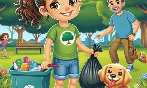 Uma menina de 10 anos, chamada Sara, está no centro da imagem, com um grande sorriso no rosto e olhos brilhantes de entusiasmo. Ela tem cabelos cacheados castanhos presos em um rabo de cavalo e usa uma camiseta verde com um desenho de árvore e um short jeans. Ela segura um saco de lixo em uma mão e um copo de plástico na outra, pronta para jogá-los em uma lixeira de reciclagem colorida. Ao lado dela, seu amigo Tico, um pequeno cachorro de pelos dourados, exibe uma expressão alegre, abanando o rabo. Um adulto, o pai de Sara, com cerca de 35 anos, está ao fundo, vestindo uma camiseta azul e calças cargo, recolhendo lixo com um grande sorriso, apoiando a iniciativa da filha. A cena acontece em um parque verdejante, com árvores majestosas, flores coloridas e um céu azul claro com algumas nuvens brancas. Crianças brincam ao redor e famílias fazem piqueniques na grama. A situação principal mostra Sara e seu pai limpando o parque, cercados por amigos e vizinhos, todos unidos para recolher lixo e conscientizar sobre a importância de proteger o meio ambiente.