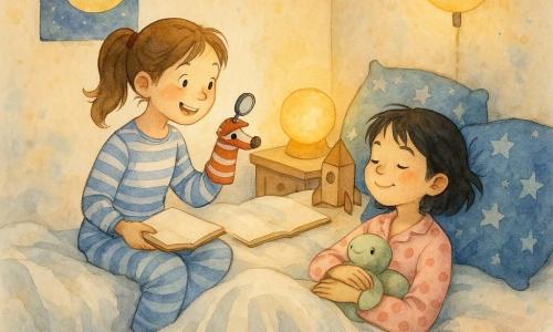 Hay 4 personajes: Lara, niña de 12 años, cabello castaño claro en coleta, ojos risueños, pijama a rayas azul y blanco, sentada a la izquierda del cama sosteniendo una libreta y un calcetín detective en la mano derecha; Inés, niña de 12 años, cabello negro corto, pijama rosa con lunares, tumbada a la derecha apoyada en cojines abrazando una tortuga de peluche verde; el calcetín detective, marioneta hecha de un calcetín rojo y blanco a rayas con botón como ojo y boca cosida, en la mano de Lara apuntando una mini-lupa hacia Inés; la peluche tortuga Martina, de tela verde pálido con ojos bordados, en el centro-derecha de la cama observando la escena. Lugar: habitación acogedora vista en ligera picada, paredes color crema con póster de la luna, lámpara-luna encendida que emite luz cálida, cama amplia con una manta blanca ondulada y cojines estrellados apilados, mesita de noche de madera clara con una hucha cohete y una libreta abierta. Situación: las niñas juegan a un ritual para dormirse; Lara lee reglas divertidas desde su bloc mientras Inés escucha bostezando; la atmósfera es suave, pausada y lúdica, con salpicaduras de acuarela que sugieren volutas de sueño y pensamientos que se calman.
