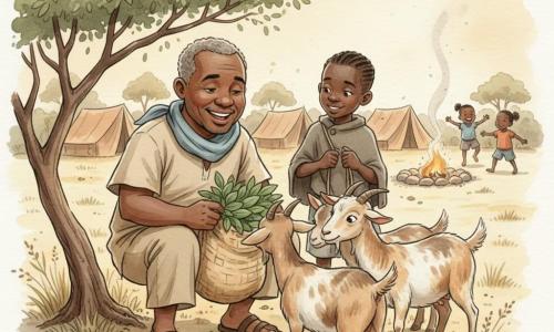 A man named Kofi, round smiling face, warm brown skin, short salt-and-pepper hair, crouches under a small-leaf acacia holding a wicker bag of shiny green leaves, wearing a simple beige cotton tunic and light blue scarf; a roughly 10-year-old shepherd boy with dark skin, short braided hair, a small wool cape and a cord stands slightly behind to the right with a shy smile as three beige goats with brown patches, short horns and lively eyes sniff the leaves; background shows a low nomad camp of beige and brown tents, a stone fire ring with thin smoke, children playing at a distance on pale yellow sandy ground with tufts of dry grass, all bathed in warm dusk light with long shadows and soft, earthy, watercolor-like tones, composition centered on the calm, sharing exchange between Kofi and the goats.