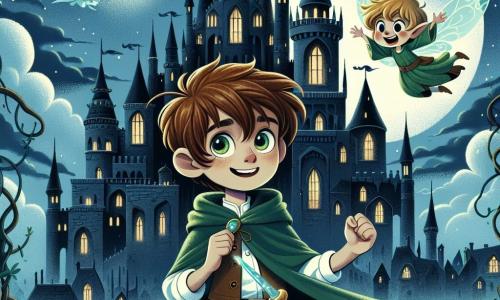 Un ragazzo di 10 anni, Leo, con capelli castani e occhi pieni di curiosità, si trova coraggiosamente davanti a un imponente castello scuro, il suo cappotto verde che fluttua nel vento. Il suo viso esprime determinazione ed eccitazione mentre stringe una conchiglia magica nella mano, pronto a usarla. Accanto a lui, un piccolo folletto di nome Luma, con ali scintillanti e capelli dorati, vola gioiosamente intorno a lui, illuminando l'atmosfera con la sua luce dolce. Luma sorride e incoraggia Leo, fluttuando sopra la sua spalla. Sullo sfondo, il castello è maestoso e inquietante, con torri slanciate, finestre scure e rampicanti che gli conferiscono un'aria misteriosa. Il cielo è di un blu profondo, punteggiato di nuvole bianche, creando un contrasto con l'oscurità del castello. La scena principale mostra Leo pronto a entrare nel castello per affrontare lo stregone malvagio e recuperare il cristallo magico, mentre Luma lo incoraggia con scintillii di luce.