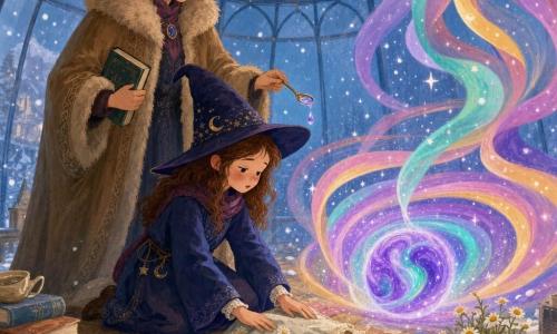 Luna, een jonge heks, knielt geconcentreerd en teder met haar handen op een versleten kamillegeurend zakdoekje en zingt zacht terwijl ze naar linten van licht kijkt; mevrouw Aran, een ongeveer zestigjarige raadgevende vrouw in een lichtbruin bontmantel met een klein ademend boek onder de arm, staat iets achter haar en houdt een lepel met een druppel licht vast en kijkt liefdadig toe; het noorderlicht is een groot gordijn van golvende, fonkelende kleurrijke linten met in het midden een kalmerende, draaikolk van violette en turquoise magie; de scène speelt zich af in de koepel van een massief glazen bol met doorschijnende panelen, waar kleine sneeuwvlokken vallen zonder te smelten en de vloer lijkt gemaakt van een veld van herinneringsmotieven (stoffragmenten, boekpagina’s, kristalscherven); hoofdgebeuren: intiem rustig moment waarin de heks zingt om de magie te kalmeren, de lichten en de bol worden zachter, warme sfeer ondanks de kou, zachte gouachekleuren, zichtbare penseelstreken en contrasten tussen levendige en pastelkleuren.