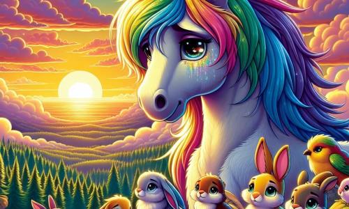 Een prachtig magisch paard met een glinsterende regenboogkleurige manen staat op de top van een berg, met ogen die stralen van verdriet en vastberadenheid. Het kijkt naar de horizon waar de zon ondergaat en de lucht verlicht met gouden en roze tinten. Naast hem staat een groep kleine bosdieren, zoals konijnen met grote oren en vogels met kleurrijke veren, die diepe melancholie uitdrukken. De konijnen, met hun zachte vachten en ronde ogen, kruipen tegen elkaar aan, terwijl de vogels zachtjes zingen met hun vleugels uitgespreid, alsof ze hun vriend willen troosten. De omgeving is een majestueuze berg die uitkijkt over een uitgestrekt boslandschap, badend in het gouden licht van de zonsondergang. Kleurige wilde bloemen bloeien op de hellingen en donzige wolken drijven zachtjes in de lucht. De hoofdscène toont het magische paard en zijn vrienden die samenkomen voor een emotionele ceremonie ter nagedachtenis aan een verloren vriend, waarbij ze herinneringen delen en het leven vieren, terwijl ze de schoonheid en het verdriet van het moment voelen.