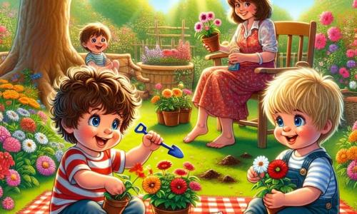 In a sunny garden, three boys are gathered to celebrate Mother's Day. Timmy, a three-year-old with curly brown hair, sits on a red and white checkered blanket, holding a small plastic shovel and smiling enthusiastically. Benny, also three, has big blue eyes and blonde hair. He stands next to Timmy, holding a pot of colorful flowers, ready to plant. Charlie, the third boy, has chestnut hair and a sweet smile. He sits across from Timmy, holding a handmade card with a heart drawing, looking at his friends with admiration. The garden is filled with vibrant flowers, lush greenery, and a large shady tree where the moms sit, smiling and watching their children. The boys are planting flowers for their moms, surrounded by laughter and joy, creating a magical and warm moment under the sun.