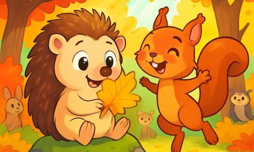 Milo, ein kleiner Igel mit braunem, weichem Fell und großen, neugierigen Augen, sitzt auf einem großen, moosbedeckten Stein und hält ein wunderschönes goldenes Laub in seinen kleinen Pfoten, während er ein staunendes Lächeln zeigt. Neben ihm springt Frida, ein kleines Eichhörnchen mit rotem Fell und schelmischen Augen, fröhlich umher, ihre Vorderpfoten in die Luft erhoben, voller Aufregung und Glück. Der Ort ist eine sonnige Lichtung, umgeben von Bäumen mit leuchtend roten, orangen und gelben Blättern, während Sonnenstrahlen durch die Äste filtern und den mit Laub bedeckten Boden erleuchten. Die Hauptsituation zeigt Milo und Frida, die gemeinsam das kostbare goldene Laub entdecken, das Freundschaft und die Magie des Herbstes symbolisiert, während andere Tiere im Wald sie bewundernd beobachten und eine fröhliche, warme Atmosphäre schaffen.