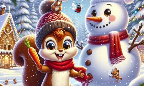 Nutty, a small squirrel with brown fur and sparkling eyes, stands in front of a huge snowman he just built, wearing a big smile. He has a bright red scarf and a small felt hat. Next to him, Benny, an adorable rabbit with big ears and white fur, jumps with excitement, holding a carrot he placed on the snowman as its nose. Lila, a little ladybug with red and black wings, flies around them, her antennae twitching with happiness. The scene is set in a charming winter village with gingerbread houses decorated with lights and snowflakes gently falling from the sky. The ground is covered in a thick layer of sparkling snow, surrounded by trees laden with snow. Nutty, Benny, and Lila are celebrating the magic of Christmas, filled with laughter and joy as they decorate their snowman with colorful accessories, creating a festive and warm atmosphere.