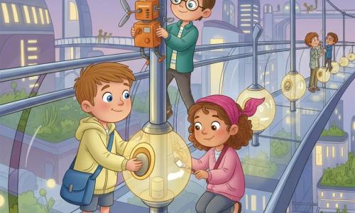 A 6-year-old boy with curious eyes and a focused smile presses a smooth pebble against the glowing groove of a round glass lantern with small hands; he wears sandals, a blue satchel and a light lemon-colored jacket. A girl of about 6 (Zara), curly hair tied with a pink scarf, squats beside him painting white arrows on the lantern's glass casing to indicate the opening direction. A boy of about 7 (Timo), short hair and round glasses, stands slightly back on the bridge holding an orange wind-up robot that climbs the pole and adjusts a screw. The setting is a translucent glass sky-bridge suspended above a futuristic city at dusk: polished steel walkway, spherical glass lantern pods, rooftop gardens with green plants, curved glass buildings and ribbon-like light bridges. The scene shows a communal repair of a row of dimming lanterns as soft amber-yellow light returns in patches, passersby bring bulbs and tools in the background, creating a warm cooperative atmosphere. Dominant colors: dusky lavender, amber-yellow of the lanterns, garden greens with orange and blue accents; clean style, simple shapes and readable silhouettes suitable for children.