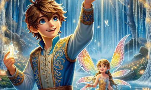 Prince Felix, a young boy of about 12, has messy brown hair and sparkling eyes full of determination. He wears a blue tunic adorned with golden patterns and holds the shimmering Crystal of Harmony, radiating a soft, warm light. His face expresses both excitement and bravery as he stands at the edge of a sparkling waterfall. Next to him, Lily, a small fairy with translucent, colorful wings, joyfully flies around him. She has golden hair and wears a dress made of flower petals. Her bright smile shows her confidence and enthusiasm as she points to the sky, encouraging Felix. In the background, the enchanting scenery of Eldoria's magical forest unfolds, with silver-trunked trees and shimmering leaves bathed in golden light. The waterfall pours crystal-clear water into a pool filled with glowing flowers, creating a fairy-tale atmosphere. The main scene shows Felix raising the Crystal of Harmony towards the sky, ready to restore the magic of his kingdom, while Lily encourages him with a sparkle of light in her eyes, symbolizing hope and unity in the face of adversity.