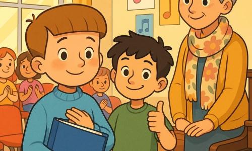 A 6-year-old boy with light brown bobbed hair in a sky-blue sweater holds a large blue folder; his cheeks are slightly flushed, eyes bright, with a shy half-smile, appearing both sad and proud with one hand on his chest. Beside and slightly behind him stands his friend Jamie, about 6, with messy black hair, wearing a green t-shirt and giving a thumbs-up while smiling. Ms. Bramble, about 35, with light gray hair in a bun and a floral scarf, stands by a brown upright piano with her hands on its edge, watching kindly. The bright choir room has a varnished wood floor, rows of red chairs, scattered sheet music, colorful music-note posters, and a large window letting in warm sunlight. The scene shows the end of a rehearsal: the central boy has finished singing, the other children clap softly, and the atmosphere is gentle and supportive.
