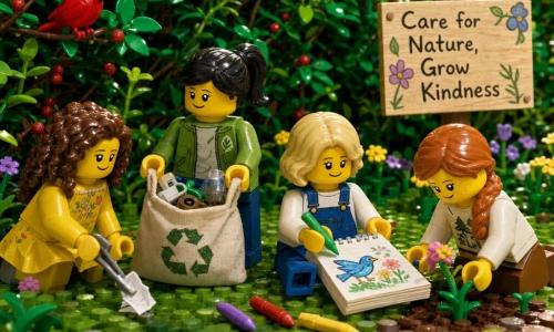 Four 6-year-old girls in a LEGO diorama care for a wild hedge and its birds: on the left a curly brown-haired girl in a small yellow dress crouches and picks up litter with a little picker while looking at a red bird on a branch; center-left a straight black-haired girl in a green jacket holds a reusable fabric bag of sorted waste and smiles; center-right a short blond girl in blue overalls sits on the grass drawing a bird and flowers with large colored crayons; on the right a redheaded, freckled girl with a braid plants a small wildflower in a hand-dug hole, focused. The setting features a large dense wild hedge with shiny green leaves and red berries, wild purple and yellow flowers at its base, grassy ground with patches of brown earth and a few round stones, a hand-painted wooden sign beside the hedge, and a soft blue sky with warm sunlight filtering through leaves; visible LEGO brick texture, bright colors, gentle expressions, and close-ups on the children's hands, birds, and flower details convey a serene, joyful, educational scene of teamwork and caring for nature.