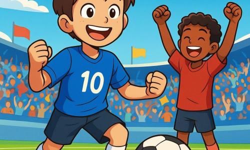 A young man, Ethan, is at the center of the image, beaming with pride and happiness. He wears a bright blue football jersey with the number 10, black shorts, and white sports shoes. His messy brown hair and sparkling eyes reflect excitement. Next to him, Juma, a 12-year-old boy, celebrates with arms raised, sporting curly hair and a red jersey. In the background, a stadium filled with enthusiastic spectators waving colorful flags is visible under a bright blue sky. In the foreground, a football rests on the green grass as Ethan and Juma prepare to celebrate a goal. The scene conveys an atmosphere of joy and friendship, with vibrant colors and dynamic details.