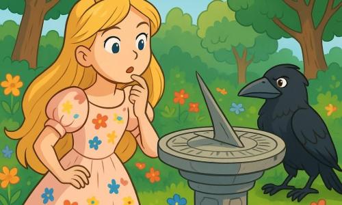 In an enchanted garden, Princess Elenora, a young girl with long golden hair and sparkling curious eyes, stands before a magnificent stone sundial, her face radiant with wonder and determination. She wears a light dress adorned with colorful flowers that dance in the breeze. Beside her, an old crow with deep black feathers, Sir Corbin, watches her with a mischievous glance, ready to share his wise advice. In the background, majestic trees with vibrant green leaves surround the garden, while multicolored flowers bloom around them, creating a magical atmosphere. The main scene shows the princess intensely contemplating the garden's first riddle, ready to uncover the secrets of time and restore the balance of the seasons.