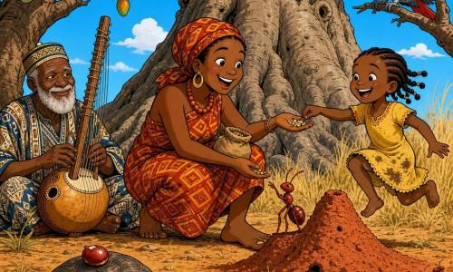 A woman (Mamadou) with a round face, copper skin, warm smile and bright joyful eyes crouches by a vivid red anthill offering a small bag of seeds with outstretched hands while wearing a red-orange geometric patterned wrapper, an old man (Baba Kouyaté, ~70) with a white beard in woven clothes sits under a mango tree to the left playing a kora and watching Mamadou kindly, a ~6-year-old girl with braided hair and a dirt-stained yellow dress laughs and hops to Mamadou’s right as she receives a seed, the Queen ant (large shiny red ant with glossy black eyes) sits on Mamadou’s toe with raised antennae and a line of red workers passes in the background, a large grey parrot perches on a branch above with wings half-open watching the scene, an old rough-shelled tortoise moves slowly in the foreground with a shiny red seed attached to its shell, all at the base of an immense baobab with gnarled roots on ochre ground, tall golden grasses, a bright red anthill nearby and a pale blue sky with a few clouds, the main scene a warm, saturated semi-circular composition of seed-sharing and smiles around the baobab.