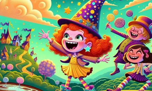 In a colorful and whimsical landscape, three children stand atop Giggledom Hill. Jenny, a 10-year-old girl with bright red hair and sparkling blue sneakers, laughs heartily while mimicking exaggerated movements. To her right, Lola, a 9-year-old girl wearing a purple feathered hat, makes hilarious faces with her arms raised. On the left, Mia, a 10-year-old girl with curly brown hair and a contagious smile, dances awkwardly, her eyes sparkling with joy. The setting is a fantastical world where houses are suspended in trees, and the sky is dotted with polka-dotted stars. Cotton candy clouds float gently, while a chocolate stream flows nearby, creating a magical and absurd atmosphere. The main scene shows the children making a grumpy old wizard laugh, whose enormous mismatched shoes are visible in the background. Their faces are filled with happiness and excitement as they engage in a series of comedic gestures to make the wizard burst into laughter, who begins to smile, his eyes twinkling with amusement.