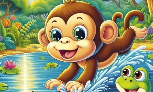 Um macaco alegre chamado Tico, com pelagem castanho claro, grandes olhos brilhantes e um sorriso radiante, está mergulhando em um lago cintilante, espirrando água ao seu redor. Perto dele, um pequeno sapo chamado Léo, com pele verde e olhos redondos, observa com admiração, suas patas dianteiras levantadas em sinal de encorajamento. O lago é cercado por grandes árvores com folhas luxuriantes e flores coloridas que dançam ao vento, enquanto o sol brilha alto no céu, criando reflexos dourados na água. A cena mostra Tico em plena ação, pronto para nadar e recuperar a bola de Léo, ilustrando o espírito de aventura e amizade que os une.