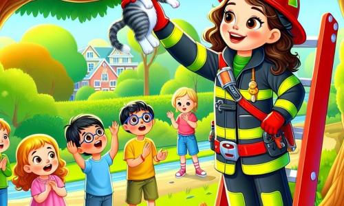 Valentina, uma corajosa bombeira, está em uma escada vermelha, sorrindo. Ela usa um uniforme brilhante, um capacete amarelo e botas pretas, e estende os braços para um pequeno gatinho cinza em uma árvore. Ao redor, cinco crianças de 6 a 8 anos a observam com admiração. Uma menina de cabelos cacheados levanta as mãos em incentivo, um menino loiro aplaude entusiasticamente, e outro garoto de óculos redondos faz anotações. O cenário é um parque verde com árvores majestosas e flores coloridas, onde crianças brincam na grama e um céu azul claro aparece ao fundo. A cena principal mostra Valentina salvando o gatinho, cercada pela admiração das crianças, que aprendem sobre a importância da ajuda mútua e da coragem.