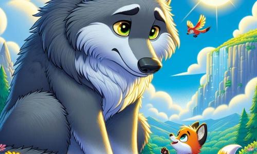 Ilustración que representa a un gran lobo de pelaje gris y sedoso, con ojos amarillos brillantes y una expresión melancólica. Está sentado sobre una roca, mirando el paisaje con una luz de tristeza en sus ojos, como si buscara desesperadamente amigos. Cerca, un pequeño zorro de pelaje naranja brillante y ojos chispeantes de curiosidad se acerca al lobo con una gran sonrisa, mostrando su determinación de hacerse su amigo. El zorro está lleno de energía y parece listo para animar al lobo a abrirse a los demás. El escenario se sitúa en la cima de una montaña cristalina, donde el cielo es de un azul brillante y el sol brilla, iluminando el paisaje verde abajo. Nubes ligeras flotan suavemente, añadiendo un toque de magia al entorno. La situación principal muestra al lobo, inicialmente percibido como un personaje aterrador, revelándose ante un pequeño zorro que le tiende la pata, simbolizando la esperanza de una nueva amistad. Otros elementos gráficos incluyen flores coloridas esparcidas alrededor de las rocas, pájaros volando en el cielo y un viento ligero que hace bailar las hojas de los árboles a lo lejos, creando una atmósfera cálida y acogedora.