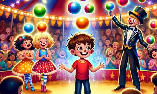En un circo colorido, un niño de 4 años llamado Tomás, con cabello castaño despeinado y una camiseta roja, está en el centro de la imagen, sonriendo con globos multicolores a su alrededor. A su derecha, un malabarista alto y delgado, vestido con un traje brillante y un sombrero de copa, lanza pelotas al aire con una gran sonrisa. A la izquierda, una niña rubia, vestida con un vestido de lunares, aplaude con asombro, los ojos muy abiertos. El lugar es una gran carpa de circo, decorada con luces centelleantes y banderines coloridos, con espectadores al fondo, todos cautivados por el espectáculo. La situación principal muestra a Tomás, rodeado de globos voladores, riendo y divirtiéndose bajo los aplausos del público, mientras el malabarista realiza trucos impresionantes, creando una atmósfera alegre y mágica.