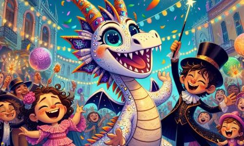 Um dragão alegre chamado Zico, com escamas brilhantes como estrelas e grandes olhos cintilantes, dança no meio de uma multidão colorida, suas asas abertas e um grande sorriso no rosto. Ao seu lado, uma menina chamada Lila, com um vestido rosa de babados e cabelos cacheados, ri alto enquanto lança confetes ao ar. Um garoto chamado Tomás, vestido com um traje de mágico preto e um chapéu alto, faz gestos de mágica com sua varinha, os olhos brilhando de excitação. A cena acontece em uma praça animada, decorada com guirlandas multicoloridas e balões flutuantes, onde artistas de rua e músicos criam uma atmosfera festiva. No centro dessa festa, Zico, Lila e Tomás dançam juntos, cercados de risos e música, celebrando a amizade e a alegria do carnaval.
