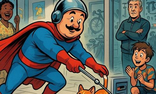 Un supererou comic, față rotundă, mustață fină, casca lucioasă ușor pe o parte, pelerină roșie șifonată, expresie stânjenită și ștrengărească, întinde o antenă telescopică argintie spre un bancomat pentru a salva o pisică; are o postură dinamică, un picior înainte, braț întins. În spate, la ușa unui atelier de reparat biciclete, domnul Radu, bărbat în jur de 50 de ani, păr cenușiu tuns scurt, trening închis, brațe încrucișate, privire amuzată și îngrijorată. În dreapta, un băiat de circa 12 ani pe skateboard, păr zburlit, tricou colorat, aplaudă uimit, ușor ghemuit. În stânga, o femeie în jur de 40 de ani cu o umbrelă florală mare, rochie vintage, râde și ridică umbrela ca pe un drapel. O pisică roșcată cu alb, cu ochi vioi, e blocată pe jumătate în fanta bancomatului, o labă atinge o cutie mică din carton decorată folosită pentru salvare. Locația este o stație modernă interioară cu podea de gresie gri deschis, bancomat metalic iluminat cu ecran roșu clipind „BILET VAPOR 9999”, afișe colorate pe pereți, rând de biciclete strălucitoare și unelte pe o etajeră în spatele ușii vitrate. Scena principală e comic-eroică: salvare improvizată a unei pisici de către un erou stângaci cu antena, mulțimea amuzată, culori vii, linii de acțiune exagerate, umbre blânde, atmosferă caldă și jucăușă.
