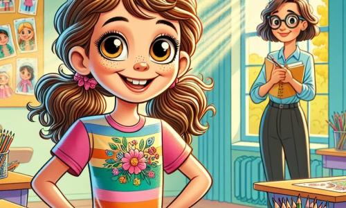 Una niña de 10 años, llamada Sofía, está en el centro de la imagen, con grandes ojos brillantes y una sonrisa radiante de emoción. Tiene el cabello castaño ondulado, atado en dos coletas, y lleva una camiseta colorida con estampados de flores y unos jeans. Sofía está dibujando bocetos para el decorado de un espectáculo escolar, rodeada de lápices de colores y papeles. A su derecha, la maestra, la señorita Laura, una mujer de unos 30 años con cabello castaño corto y gafas redondas, observa a Sofía con una mirada alentadora. Ella lleva una blusa azul y pantalones negros, y sostiene un cuaderno en sus manos, lista para anotar las ideas de Sofía. El decorado se encuentra en un aula luminosa, con paredes pintadas de amarillo y ventanas que dejan entrar la luz del sol. La situación principal muestra a Sofía concentrada en su dibujo, mientras la señorita Laura la anima con una sonrisa, creando una atmósfera de creatividad y apoyo.