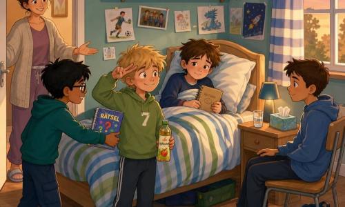 Vier Kinder: Tom, Junge ~10, braune kurze Haare, ruhig und aufmerksam, sitzt rechts am Bett und blickt sanft zu Ben; Ben, Junge ~10, kastanienhaarig, blass, liegt mittig im Bett unter einer gestreiften Decke, hält ein kleines Heft und lächelt schwach; Jonas, Junge ~10, blonds und zerzaust, steht links am Fußende mit einer Flasche Apfelschorle und grüßt scherzhaft; Malik, Junge ~10, schwarze Haare, Brille, ernst und kreativ, steht nahe der Tür links und reicht Ben ein buntes Rätselheft. Ein Erwachsener: Bens Mutter, Frau ~35, gebundene Haare, gemütliche Hauskleidung, steht im Hintergrund an der Tür mit wohlwollendem Lächeln und einladender, stiller Geste. Ort: Helles Kinderzimmer, pastellblau-grüne Wände, Regal mit Kuscheltieren und Bildern, gestreifter Vorhang am Fenster mit weichem Abendlicht, Nachttisch mit Wasserglas und Taschentuchbox, runder Teppich unter dem Bett. Situation: Ruhiger, herzlicher Besuch—drei Freunde trösten den kranken Ben, bringen einfache Geschenke (Zeichnungen, Rätselheft, Getränk) und sprechen leise; gemütliche Atmosphäre, warme Farben, sanfte Texturen, fürsorgliche Gesten, Komposition konzentriert aufs Bett und die Zuwendung.