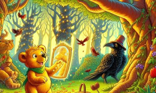 Un oso pardo dorado, llamado Tobías, se encuentra en el centro de la escena, con los ojos brillantes de curiosidad y una sonrisa maravillada en su rostro. Sostiene un espejo brillante en sus patas, observando con fascinación las visiones que se reflejan en él. A su derecha, un cuervo negro de plumas brillantes, con ojos de un azul profundo, observa a Tobías con una expresión sabia y benevolente, posado en una rama de árbol. A la izquierda, una tortuga anciana, con un sombrero de paja, avanza lentamente por el suelo cubierto de hojas, mostrando una sonrisa serena y una expresión de comprensión. El lugar es un claro encantado, rodeado de grandes árboles con troncos nudosos y hojas de un verde brillante, bañado por una suave luz dorada que filtra a través de las ramas. Flores coloridas salpican el suelo, añadiendo toques de violeta, rojo y amarillo. La situación principal muestra a Tobías descubriendo el espejo mágico, cautivado por las visiones que bailan en su interior, mientras el cuervo y la tortuga lo observan, listos para compartir su sabiduría y consejos.