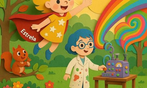 A personagem principal é uma menina super-heroína, Estrela, determinada e alegre, cabelos loiros em mechas, capa vermelha grande, vestido amarelo com estrelas brancas, sorrindo e voando ligeiramente enquanto dirige um arco-íris; a segunda é uma inventora, Bolha, cerca de 30 anos, cabelo curto azul, óculos redondos e jaleco manchado de tinta, ativando uma máquina colorida (rodas, botões, tubos) numa mesa de madeira ao lado de Estrela; o terceiro é um pequeno esquilo chamado Pipoca, pelo ruivo, olhos redondos e entusiasmados, aplaudindo e segurando uma noz numa rama próxima; o local é um parque luminoso com relva verde texturada, árvores de folhas multicoloridas, canteiros de flores em camadas tipo papel, caminho cinza e raios de sol amarelados ao fundo; a máquina do arco-íris projeta faixas de cores vivas que cobrem árvores e flores em redemoinhos, criando uma atmosfera otimista, mágica, com contrastes nítidos e formas simples de estilo infantil.