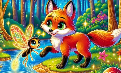 A sparkling-eyed fox with fiery fur, shining like autumn leaves, stands by a shimmering stream. It displays an expression of curiosity and excitement, with its ears perked up and its bushy tail quivering. Nearby, a queen firefly with delicate wings illuminated in a thousand lights floats gracefully, her eyes shining with gratitude. The setting is an enchanted forest, where majestic trees with twisted trunks rise, their leaves dancing in the wind, and the ground is dotted with colorful flowers and red-and-white capped mushrooms. The scene captures the moment when the fox helps the firefly free itself from a glistening spider web, symbolizing friendship and courage in a magical world.