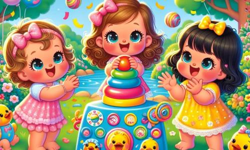 Three little girls aged one, Lilly, Mia, and Zoe, are gathered in a sunny garden. Lilly, with curly brown hair and a pink dress, is pushing a large toy button. Next to her, Mia, with blonde hair and a small blue dress, claps joyfully, her eyes sparkling with curiosity. Zoe, with black hair and a yellow dress, laughs while shaking her head, covered in colorful confetti swirling around her. The garden is filled with bright flowers, tall green trees, and a clear blue sky, creating a joyful and magical atmosphere. In the center, a funny machine made of colorful blankets, shiny spoons, and squishy toys releases clouds of multicolored confetti. The main scene shows the three friends having fun together, surrounded by dancing and quacking rubber ducks, creating a festive and laughter-filled ambiance.