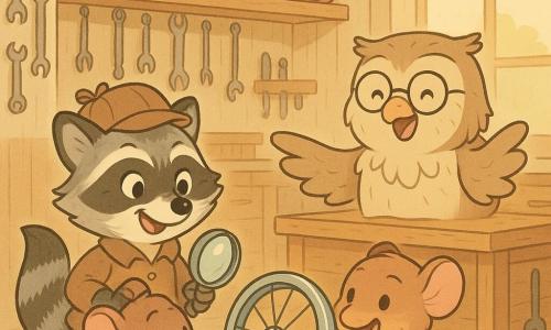 Gigi, un piccolo procione detective sorridente e fiero con lente e cappello marrone, e Pino, un topolino bruno timido che arrossisce, consegnano una ruota lucida al signor Anselmo, un vecchio gufo gioioso con occhiali, davanti a un banco da lavoro in un'officina di biciclette calda; sullo sfondo Lino lo scoiattolo con guance piene di nocciole e sciarpa a righe osserva da uno scaffale, atmosfera amichevole, colori tenui e stile infantile.