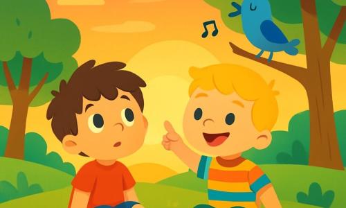 Ci sono 2 personaggi principali: Leo, un bambino di quasi 4 anni con capelli castani disordinati e grandi occhi curiosi, indossa una maglietta rossa e pantaloni blu, seduto sull'erba con un'espressione pensierosa; e Nico, un bambino di quasi 4 anni con capelli biondi e un sorriso splendente, indossa una camicia a righe multicolori e pantaloni verdi, accanto a Leo, punta un dito verso un uccello blu che canta su un ramo. La scena si svolge su una collina verde, illuminata dalla luce dorata del sole al tramonto, con erba morbida e fiori colorati, mentre sullo sfondo si ergono alberi maestosi le cui foglie danzano al vento. Il cielo è un dipinto di colori caldi, con sfumature di arancione, rosa e viola. La situazione principale mostra Leo e Nico seduti insieme sulla collina, contemplando il magnifico tramonto e discutendo gioiosamente di cosa possa essere la vera definizione della felicità, circondati dalla bellezza della natura e dai dolci canti degli uccelli.