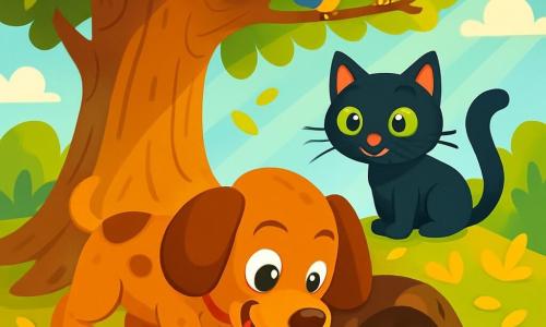 Spotty, un giovane cane marrone con grandi orecchie pendenti e occhi pieni di curiosità, è accovacciato vicino a un grande albero di quercia, con il muso immerso nella terra, mostrando un'espressione di eccitazione e determinazione. Accanto a lui, Micio, un gatto nero dagli occhi verdi brillanti, si trova su un ramo basso, guardando con interesse, i baffi tremolanti di entusiasmo. Il terreno è cosparso di foglie dorate, e i raggi di sole filtrano tra i rami, illuminando la scena con una luce dolce e calda. Spotty scopre una piccola tana sotto l'albero, dove si nascondono degli ossa, mentre gli uccelli cantano gioiosamente nei rami sopra.