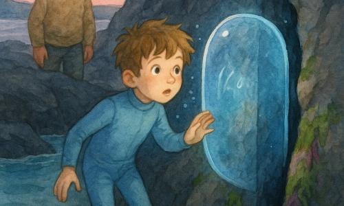 Un niño de 10 años de rostro redondo, pelo castaño claro alborotado y ojos grandes y curiosos, con expresión asombrada y algo tímida, viste un traje de buceo azul claro y extiende la mano hacia una gran burbuja transparente con borde luminoso azul que flota frente a una grieta rocosa cubierta de algas; un anciano de unos 70 años, con barba gris corta y piel arrugada pero amable, en suéter beige observa desde la orilla; la cala rocosa al crepúsculo tiene rocas oscura pizarra, algas verdes y violetas y agua turquesa tranquila, mientras la burbuja, que parece abrirse como una puerta y muestra una inscripción luminosa, ilumina el rostro del niño con luz azul y pequeñas burbujas, creando una atmósfera dulce, misteriosa y prometedora.