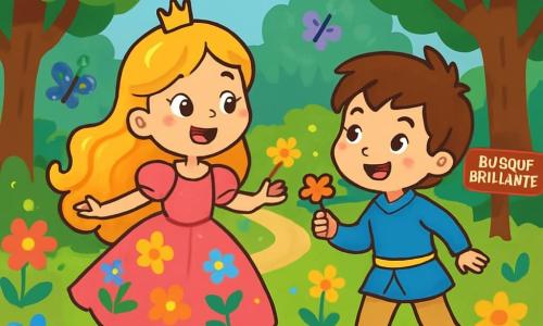 Una princesa Lila, de unos 8 años, con largos cabellos dorados y bucles brillantes, lleva un vestido rosa brillante adornado con flores coloridas. Tiene una sonrisa radiante y ojos chispeantes de emoción, bailando alegremente en medio de un jardín encantado. A su lado, un joven príncipe de 9 años, con cabello castaño desordenado y una sonrisa traviesa, lleva una túnica azul y pantalones beige. Sostiene una pequeña flor en su mano y mira a Lila con admiración. El jardín está lleno de flores multicolores, grandes árboles con hojas brillantes y mariposas que revolotean alrededor, creando una atmósfera mágica. Al fondo, un camino sinuoso lleva a un misterioso Bosque Brillante, donde los árboles parecen susurrar secretos. La escena principal muestra a Lila y al príncipe riendo y jugando juntos, listos para explorar el Bosque Brillante, con sus corazones llenos de aventura y alegría.