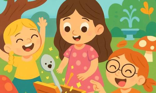 Ci sono 3 personaggi: - Sofia: una ragazza di 6 anni con lunghi capelli castani e occhi brillanti. Indossa un vestito rosa a pois e si trova al centro, toccando una scatola magica. - Giulia: una ragazza di 5 anni con capelli biondi intrecciati e un grande sorriso. È a sinistra di Sofia, ridendo e alzando le braccia in aria. - Emma: una ragazza di 6 anni con capelli rossi e occhiali rotondi. È a destra di Sofia, facendo una smorfia divertente e puntando verso la scatola. Il luogo è un giardino incantato, pieno di fiori colorati, funghi giganti e alberi con tronchi contorti. Il cielo è blu con nuvole a forma di caramelle, e una piccola fontana scintilla sullo sfondo. La scena principale mostra le tre ragazze attorno a una scatola magica che si è appena aperta, lasciando uscire scintille brillanti. Un cucchiaiotto, un piccolo cucchiaio magico, appare saltellando, pronto a fare scherzi e sorprese. Le ragazze ridono felici, meravigliate dalla magia che le circonda.