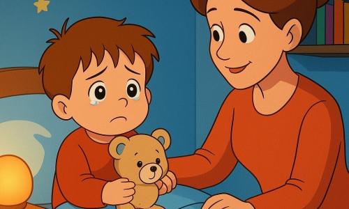 A worried but softened 2-year-old boy with a round face, tousled brown hair and teary wide eyes clutches a beige teddy bear with a blue ear patch to his chest while his mother, about 30, hair in a loose bun and wearing a reassuring smile, sits on the bed's edge tucking the blanket; the small, warm bedroom has pale blue walls, glow-in-the-dark star stickers on the ceiling, a low shelf with colorful books, a wooden toy chest and a round nightlight casting soft orange light, the cloud-patterned duvet and bedside lamp create a concentrated warm halo around the centrally seated boy and his mother to the right, evoking the soft saturated colors, clean outlines and smooth textures of 1990s cartoon art.