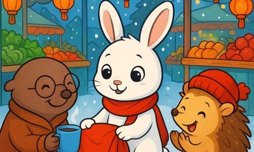 A small fluffy white rabbit named Snowy stands in the center of the image with bright eyes and a shy smile. He wears a red scarf around his neck and is picking up a blanket that has fallen near an old mole lady. On the left, the old mole lady, with brown fur and round glasses, smiles warmly while holding a steaming cup of tea, looking grateful and happy. On the right, a cute hedgehog with golden spikes and a small red hat enthusiastically claps, its eyes sparkling with joy. The setting is a lively indoor market filled with colorful stalls overflowing with crunchy vegetables and shiny fruits. Twinkling lanterns hang above, and soft snow covers the ground, creating a warm winter atmosphere. The main scene shows Snowy handing the blanket to the mole lady while the other animals joyfully sing a winter song, bringing warmth and happiness to the cold winter heart.