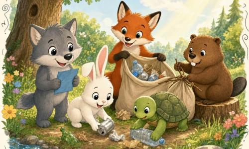 A soft gray wolf pup with round shiny eyes, proud and gentle, holds a blue paper and smiles as a curious white rabbit with big ears picks up a silver can beside him; a mischievous red fox wearing a tote bag of trash stands slightly back ready to help, a calm green turtle steadies a plastic bottle with its shell near the streambank, and a happy brown beaver ties a cord of twigs to close a bag while sitting on a stump; they gather in a grassy clearing by a clear pebble stream with a large oak, colorful flowers and golden sunbeams, working together to put litter into a big tote bag in a warm, naive, childlike style with rounded shapes and small doodles of leaves and water.