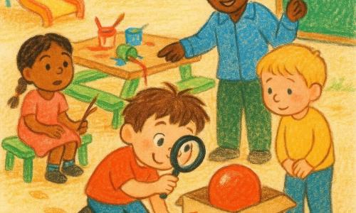 Un băiat de 4 ani, păr brun ciufulit, cu șapcă cu urechi, față rotundă zâmbitoare dar concentrată, ține o lupă și se apleacă lângă o cutie de carton deschisă cu o minge roșie; Andrei, ~4 ani, păr blond scurt, privește timid din dreapta; o învățătoare adultă, păr șaten prins, zâmbitoare, stă în picioare lângă un tablou verde și arată calm spre cutie; Ana, ~4 ani, păr împletit, șede pe o băncuță verde în stânga, ține o nuia și privește uimită; curte de recreație colorată cu nisip bej, tobogan galben, bănci verzi, urme mici de pași, vaze de vopsea răsturnate și o masă de lemn, ușă deschisă cu lumină difuză; scenă principală: descoperire veselă și liniștitoare a unei mingi roșii într-o cutie decorată cu desen de copil, urme de vopsea roșie și fire de iarbă, atmosferă prietenoasă de investigație, culori calde și contururi moi.