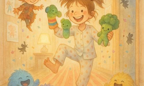 Nina, bambina di 10 anni gioiosa e birichina con occhi vivaci e capelli castano chiaro in codini disordinati, indossa un pigiama a pois e tiene una peluche-broccoli verde mentre fa uno spettacolo di marionette con calzini colorati, sorriso ampio; Brocco, peluche a forma di broccoli verde chiaro con occhi cuciti tondi, è nelle mani di Nina come se applaudisse; Fizzi, piccolo folletto birichino dal vestito di carta da regalo stropicciata e capelli arancioni spettinati, fluttua accanto a Nina facendo da presentatore; vari Grugnoli, mostriciattoli tondeggianti e morbidi in tonalità pastello (blu, viola, giallo) con grandi occhi luminosi, sono seduti in fila nel corridoio trasformato in palco con boiserie calde, tappeto a righe, luci soffuse e disegni di bambini alle pareti, e guardano meravigliati lo spettacolo festoso di calzini-marionetta con cori di risate e applausi, confetti di carta e piccole ombre magiche proiettate sulle pareti.