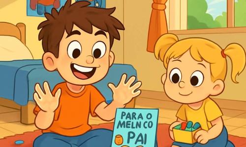 Um garoto de 10 anos, Davi, com cabelos castanhos bagunçados e olhos brilhantes de determinação, está sentado no chão de seu quarto desordenado, cercado por papéis coloridos, botões e pequenos objetos brilhantes. Ele sorri entusiasmado, com as mãos cheias de cola, enquanto cria um presente feito à mão para seu pai. Ao seu lado, sua irmãzinha de 6 anos, com cabelos loiros e tranças, observa com curiosidade, segurando uma pequena caixa de lápis de cor, pronta para ajudar. O quarto está iluminado, com pôsteres de super-heróis nas paredes e um tapete macio no chão, criando uma atmosfera alegre e criativa. Davi pensa intensamente em seu projeto, envolto pela empolgação do Dia dos Pais que se aproxima, enquanto risadas e música são ouvidas do lado de fora.