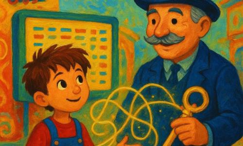 Un ragazzo di 8 anni, Luca, con capelli castani arruffati e occhi scintillanti di curiosità, si trova in una vecchia stazione colorata. Indossa una salopette blu e una maglietta rossa, e tiene un piccolo taccuino aperto nelle mani. Accanto a lui, un uomo di circa 60 anni, il signor Orari, con baffi grigi e un cappello con piuma, sorride calorosamente. Indossa una giacca blu e tiene una grande chiave dorata. Sono davanti a un grande tabellone con lettere danzanti e luminose. La stazione è piena di colori vivaci, con muri dipinti di motivi gioiosi e trenini in miniatura che fluttuano nell'aria. La scena mostra Luca e il signor Orari mentre riorganizzano i fili del tempo, che brillano come corde di luce attorno a loro, creando un'atmosfera magica e piena di mistero.