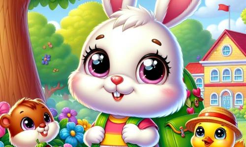 Un pequeño conejo blanco con grandes orejas, con una sonrisa tímida y ojos brillantes de emoción, se encuentra en el centro de la imagen, llevando una mochila colorida llena de útiles escolares. A su derecha, una pequeña ardilla marrón con una cola esponjosa y ojos chispeantes, sonriente y llena de energía, sostiene una galleta en sus patas mientras salta alegremente. A la izquierda, un pato amarillo con un sombrero de paja, mostrando una expresión amigable y curiosa, mira al conejo con entusiasmo, listo para compartir una aventura. El decorado es un parque verde, lleno de árboles con hojas brillantes y flores coloridas, con una escuela al fondo, sus muros pintados de colores vivos y una gran puerta abierta, acogiendo a los niños. La escena representa el momento en que los personajes se dirigen juntos hacia la escuela, llenos de emoción y aprensión por su primer día de clase, listos para vivir nuevas aventuras y hacer amigos.