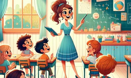 A cena retrata a professora Sofia, uma mulher de trinta e poucos anos, com cabelos castanhos presos em um rabo de cavalo, vestindo um vestido azul claro. Ela tem um sorriso caloroso e olhos brilhantes de entusiasmo enquanto se encontra diante de um quadro negro, explicando uma atividade de caça ao tesouro para seus alunos. Ao seu lado, está Ana, uma menina de 8 anos com cabelos cacheados e óculos, segurando um lápis e um caderno de esboços, pronta para desenhar as descobertas do dia. Um pouco mais longe, João, um garoto de 9 anos, está mostrando orgulhosamente um modelo de papel do planeta Júpiter, com um grande sorriso no rosto. O cenário é uma sala de aula colorida, cheia de cartazes educativos nas paredes, mesas de madeira dispostas em grupos e estantes repletas de livros e materiais escolares. A luz do sol entra pelas janelas, iluminando o ambiente com um brilho suave. A situação principal mostra Sofia explicando com paixão as regras da caça ao tesouro, enquanto as crianças, fascinadas, escutam atentamente, ansiosas para começar sua aventura de aprendizado.