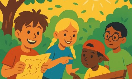 Een jongen van 8 jaar, Timo, met warrig bruin haar en een stralende glimlach, houdt een schatkaart vast, zijn ogen glinsteren van opwinding. Naast hem staat een meisje van 8 jaar, Noor, met blonde vlechten en een ondeugende blik, die naar een houten bank wijst. Een jongen van 8 jaar, Sam, met een rode pet achterstevoren, houdt een kleine schop vast en kijkt nieuwsgierig naar de bank. Een andere jongen van 8 jaar, Joris, met ronde bril en een groen t-shirt, observeert de scène aandachtig. De groep bevindt zich in een groen park, met grote bomen waarvan de bladeren dansen en een licht versleten houten bank die zachtjes lijkt te trillen. De hoofdscène toont de kinderen die een geheim compartiment in de bank ontdekken, waarin een houten doos en een mysterieuze kaart tevoorschijn komen, omringd door dwarrelende bladeren en zonnestralen die door de takken filteren.