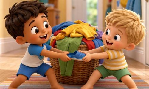 Two 3-year-old boys — one with short brown hair, round cheeks and big smiles holding a small blue slipper firmly to the left of an open wicker laundry basket, the other with soft blond locks and sparkling eyes clutching the same blue slipper with both hands to the right of his brother as they gently tug — stand in a bright hallway with light wood floors, a colorful striped rug, and a large basket overflowing with bright clothes (yellow shirts, green pants) with a lone pink slipper beside; they engage in a comical tug-of-war, bent knees, wiggling toes and laughing faces, the slipper making a small 