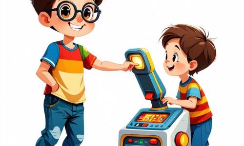 An 11-year-old boy, Toby Muddle, with messy hair and round glasses, stands center stage, his eyes sparkling with excitement and a broad smile on his face. He wears a colorful t-shirt and jeans while pressing the button on his machine, the "Laugh-o-Matic 3000," which vibrates and makes funny sounds. Beside him, his 8-year-old sister Lucy, with pigtails and a joyful face, claps enthusiastically, her eyes shining with admiration for her big brother. In the background, Judge Hufflepuff, a middle-aged man with a prominent mustache and a stern look, appears surprised yet smiling as he observes the scene, surrounded by an engaged audience. The setting is Whiffleton Town Hall, an old brick building decorated with colorful garlands and filled with wooden chairs, where townspeople gather, laughing and applauding, creating a festive and warm atmosphere. In this illustration, Toby is about to unveil his hilarious machine, ready to make the audience burst into laughter, while giggles and bubbles of joy float in the air, capturing the essence of a magical and unforgettable moment.